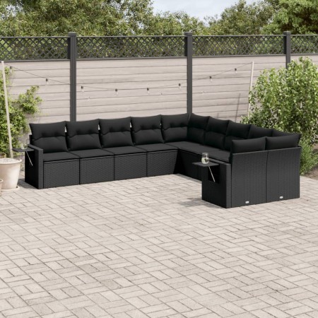 Set Divani da Giardino 10pz con Cuscini in Polyrattan Nero