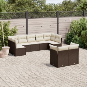 Set Divani da Giardino 9pz con Cuscini Marrone in Polyrattan