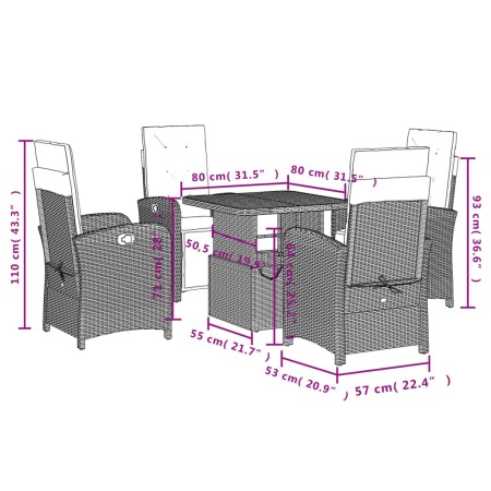 Set da Pranzo da Giardino 5 pz con Cuscini in Polyrattan Grigio