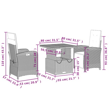 Set da Pranzo da Giardino 3 pz con Cuscini Beige in Polyrattan