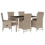 Set da Pranzo da Giardino 7 pz con Cuscini Beige in Polyrattan