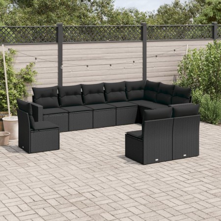 Set Divani da Giardino 10pz con Cuscini in Polyrattan Nero