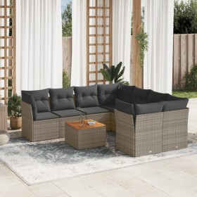 Set Divano da Giardino 9 pz con Cuscini Grigio in Polyrattan