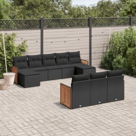 Set Divani da Giardino 10pz con Cuscini in Polyrattan Nero