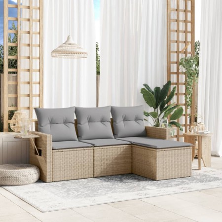 Set Divano da Giardino 4 pz con Cuscini Beige in Polyrattan