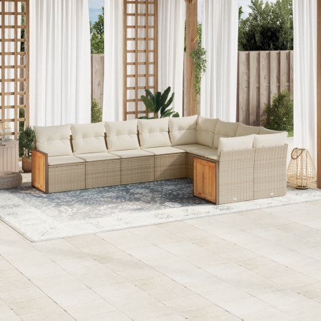 Set Divano da Giardino 9 pz con Cuscini Beige in Polyrattan