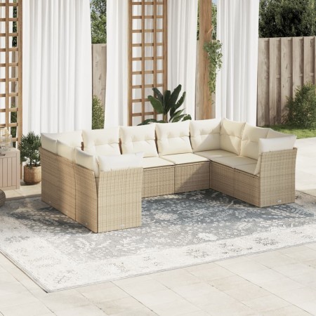 Set Divano da Giardino 9 pz con Cuscini Beige in Polyrattan