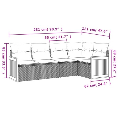 Set Divano da Giardino 5 pz con Cuscini Beige in Polyrattan