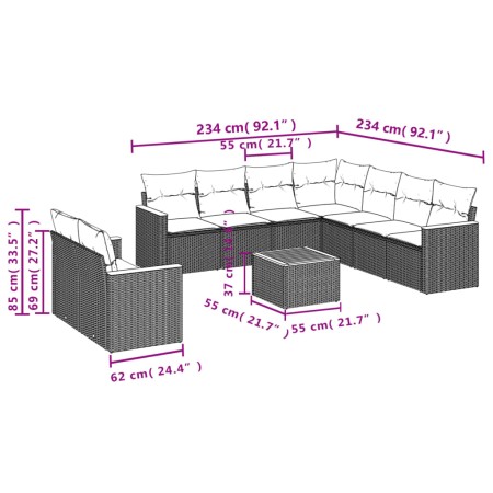 Set Divani da Giardino 10pz con Cuscini in Polyrattan Nero