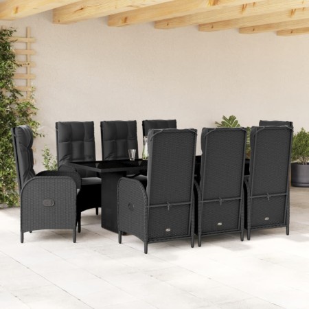 Set da Pranzo da Giardino 9 pz con Cuscini Nero in Polyrattan