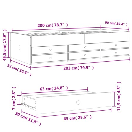 Divano Letto con Cassetti Rovere Fumo 90x200 cm Multistrato