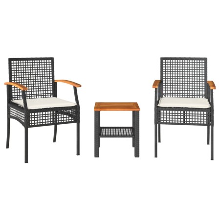 Set da Bistrò 3 pz con Cuscini Nero Polyrattan e Legno Acacia