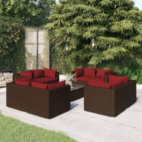 Set Divani da Giardino 9 pz con Cuscini in Polyrattan Marrone