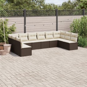 Set Divani da Giardino 10pz con Cuscini in Polyrattan Marrone