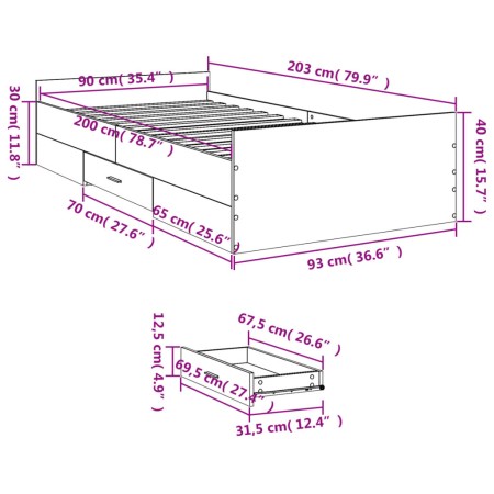 Giroletto Cassetti Grigio Sonoma 90x200 cm Legno Multistrato