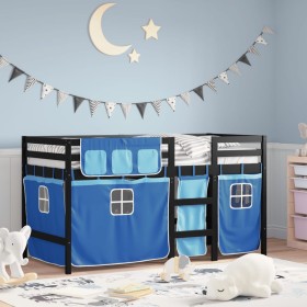 Letto a Soppalco con Tende Bambini Blu 90x200 cm Massello Pino