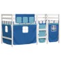 Letto a Soppalco Bambini con Tende Blu 90x190 cm Massello Pino