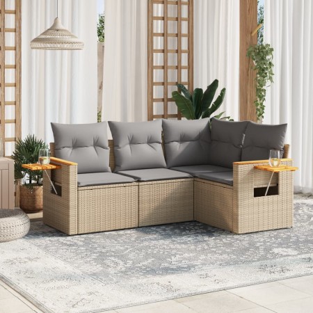 Set Divano da Giardino 4 pz con Cuscini Beige in Polyrattan