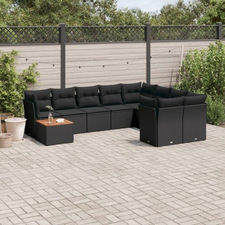 Set Divani da Giardino 10pz con Cuscini in Polyrattan Nero