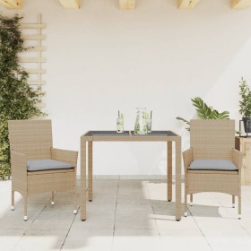 Set da Pranzo da Giardino 3 pz con Cuscini Polyrattan e Vetro