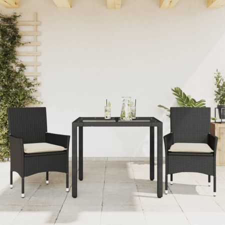 Set da Pranzo da Giardino 3 pz con Cuscini Polyrattan e Vetro