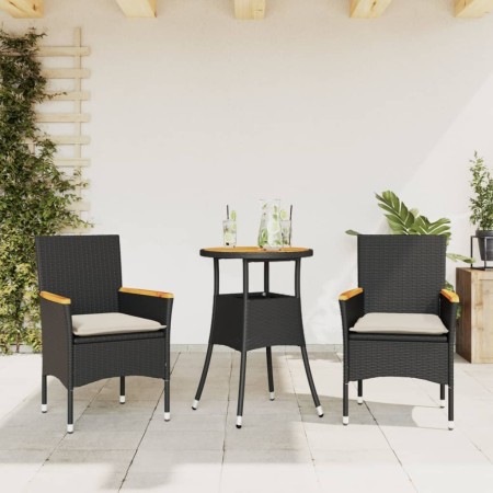 Set Pranzo da Giardino 3 pz con Cuscini Nero Polyrattan Acacia