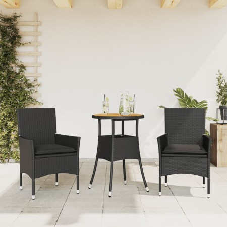 Set Pranzo da Giardino 3 pz con Cuscini Nero Polyrattan Acacia