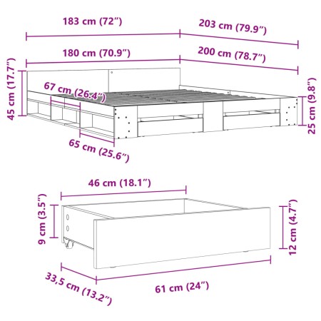 Giroletto con Cassetti Nero 180x200 cm in Legno Multistrato