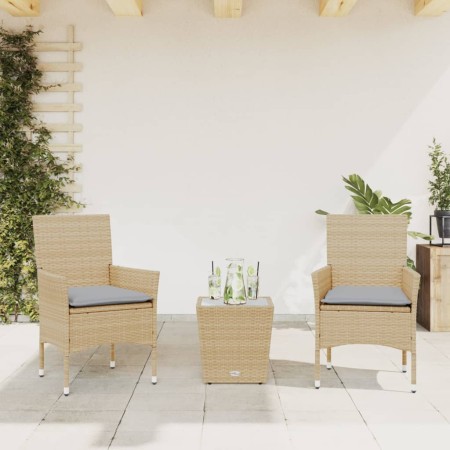 Set da Bistrò 3 pz con Cuscini Beige Polyrattan e Vetro