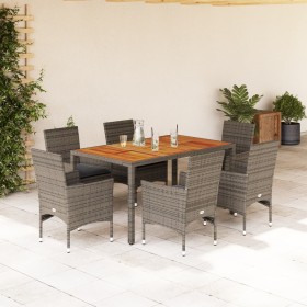 Set Pranzo da Giardino 7pz con Cuscini Polyrattan Acacia Grigio