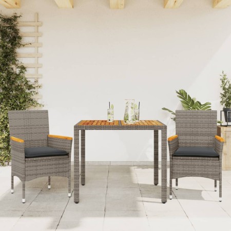 Set Pranzo da Giardino 3pz con Cuscini Polyrattan Acacia Grigio