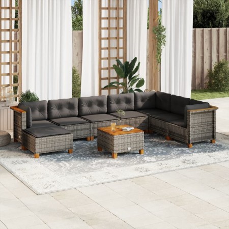 Set Divano da Giardino 9 pz con Cuscini Grigio in Polyrattan