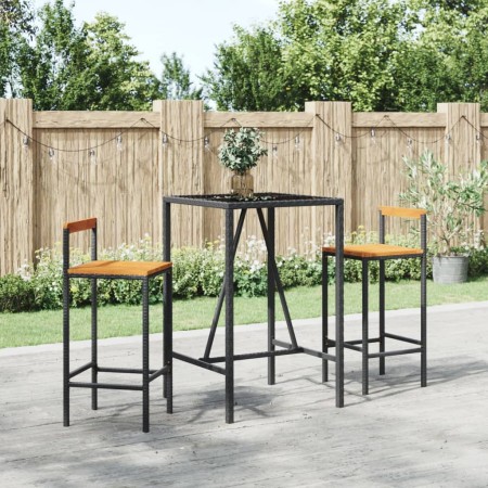 Set Bar Giardino 3 pz Nero Polyrattan e Legno Massello Acacia