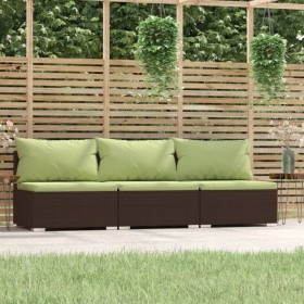 Divano a 3 Posti con Cuscini in Polyrattan Marrone