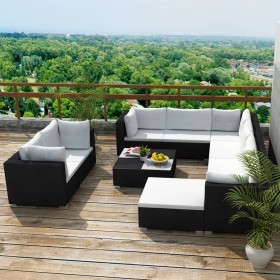 Set Divani da Giardino 10 pz con Cuscini in Polyrattan Nero