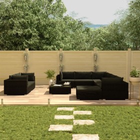 Set Divani da Giardino 10 pz con Cuscini in Polyrattan Nero