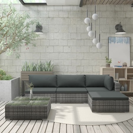 Set Divani da Giardino 5 pz con Cuscini in Polyrattan Grigio