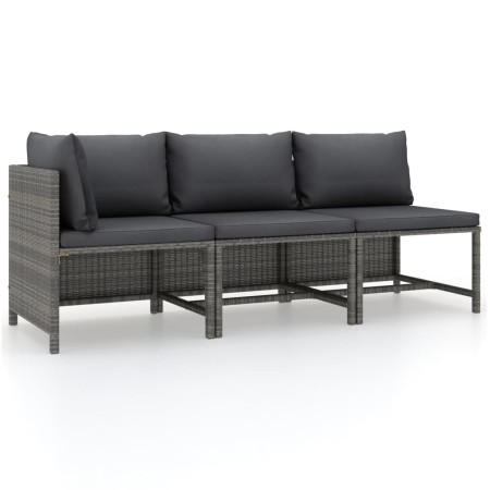 Set Divani da Giardino 3 pz con Cuscini in Polyrattan Grigio