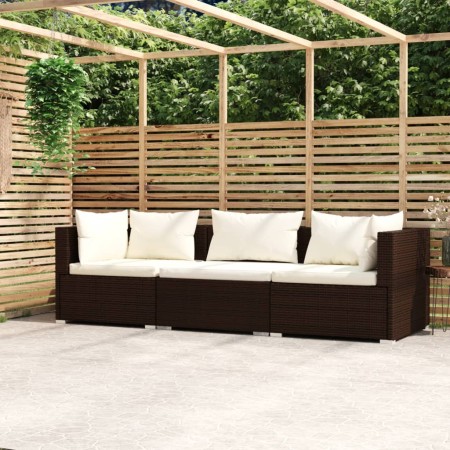 Divano a 3 Posti con Cuscini in Polyrattan Marrone