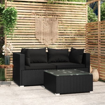 Set Divani da Giardino 3 pz con Cuscini in Polyrattan Nero