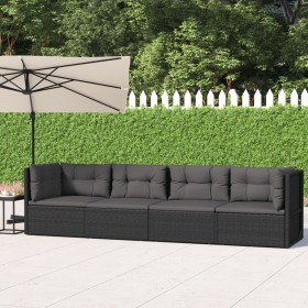 Set Divani da Giardino 4 pz con Cuscini Nero in Polyrattan