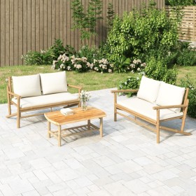 Set Salotto da Giardino 2pz con Cuscini Bianco Crema in Bambù