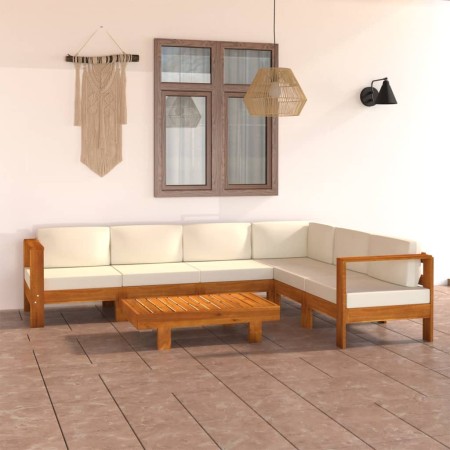 Set Divani Giardino 7 pz Cuscini Bianco Crema in Legno d'Acacia