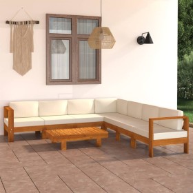 Set Divani Giardino 8 pz Cuscini Bianco Crema in Legno d'Acacia