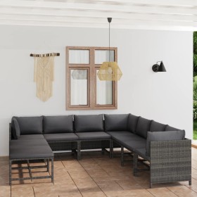 Set Divani da Giardino 9 pz con Cuscini in Polyrattan Grigio