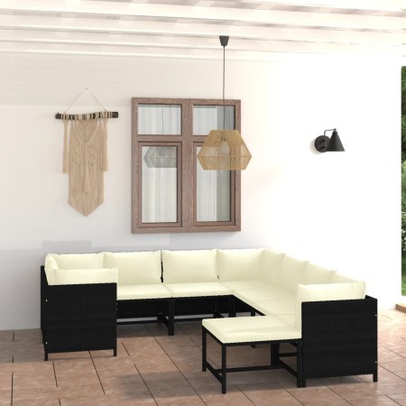 Set Divani da Giardino 9 pz con Cuscini in Polyrattan Nero