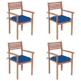 Sedie da Giardino 4 pz con Cuscini Blu Massello di Teak