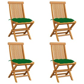 Sedie da Giardino con Cuscini Verdi 4 pz in Massello di Teak