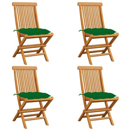 Sedie da Giardino con Cuscini Verdi 4 pz in Massello di Teak