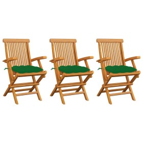 Sedie da Giardino con Cuscini Verdi 3pz Legno Massello di Teak